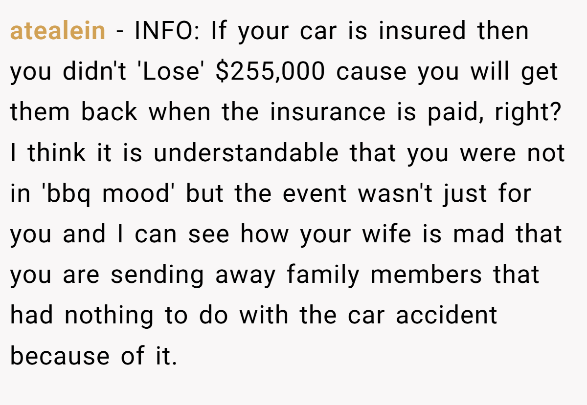 atealein - INFO: If your car is insured then you didn't 'Lose' $255,000 cause you will get them back when the insurance is paid, right? I think it is understandable that you were not in 'bbq mood' but the event wasn't just for you and I can see how your wife is mad that you are sending away family members that had nothing to do with the car accident because of it.