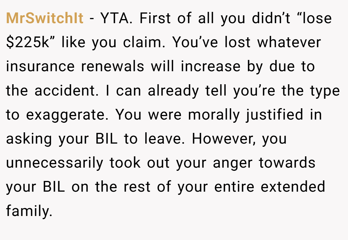 MrSwitchIt - YTA. First of all you didn’t “lose $225k” like you claim. You’ve lost whatever insurance renewals will increase by due to the accident. I can already tell you’re the type to exaggerate. You were morally justified in asking your BIL to leave. However, you unnecessarily took out your anger towards your BIL on the rest of your entire extended family.