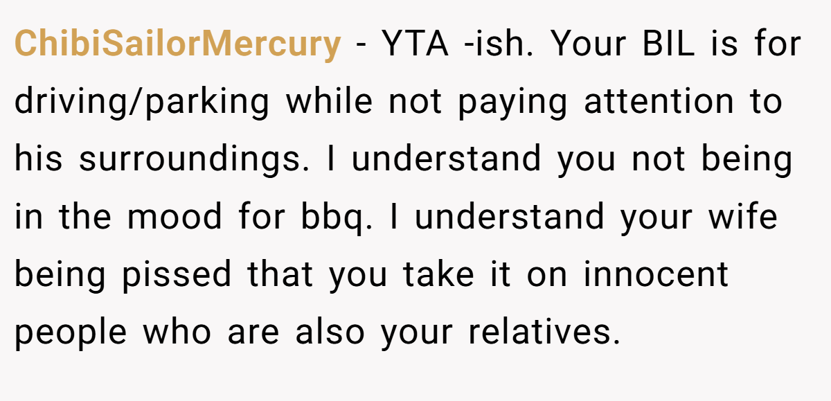 ChibiSailorMercury - YTA -ish. Your BIL is for driving/parking while not paying attention to his surroundings. I understand you not being in the mood for bbq. I understand your wife being pissed that you take it on innocent people who are also your relatives.