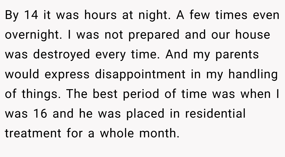 By 14 it was hours at night. A few times even overnight. I was not prepared and our house was destroyed every time. And my parents would express disappointment in my handling of things. The best period of time was when I was 16 and he was placed in residential treatment for a whole month.
