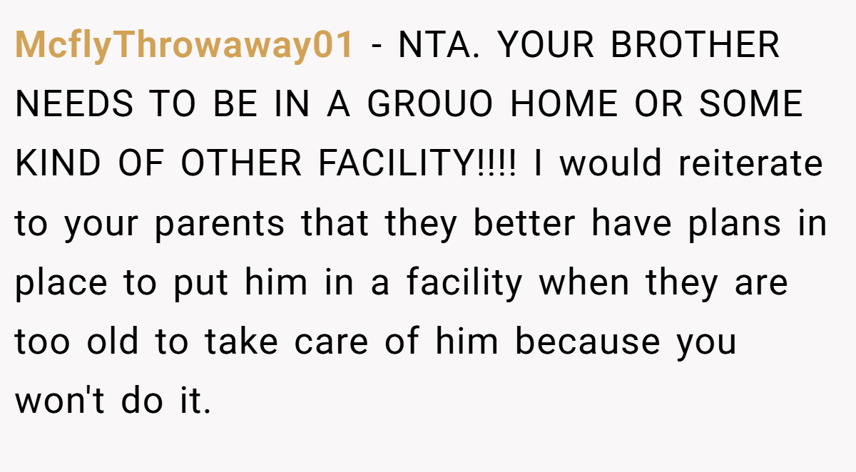 McflyThrowaway01 - NTA. YOUR BROTHER NEEDS TO BE IN A GROUO HOME OR SOME KIND OF OTHER FACILITY!!!! I would reiterate to your parents that they better have plans in place to put him in a facility when they are too old to take care of him because you won't do it.