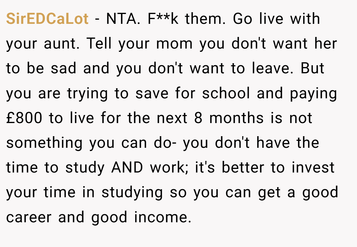 SirEDCaLot − NTA. F**k them. Go live with your aunt. Tell your mom you don't want her to be sad and you don't want to leave. But you are trying to save for school and paying £800 to live for the next 8 months is not something you can do- you don't have the time to study AND work; it's better to invest your time in studying so you can get a good career and good income.