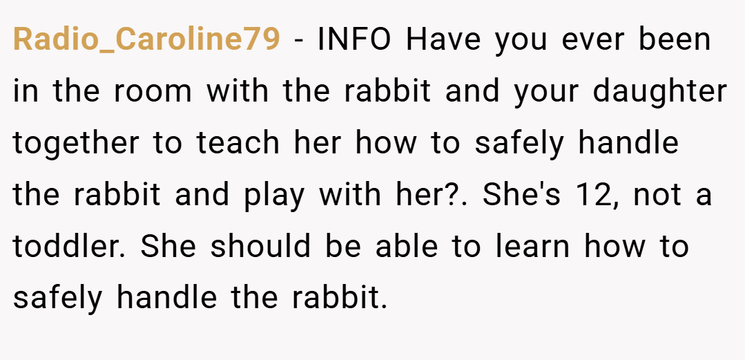 Radio_Caroline79 − INFO Have you ever been in the room with the rabbit and your daughter together to teach her how to safely handle the rabbit and play with her?. She's 12, not a toddler. She should be able to learn how to safely handle the rabbit.