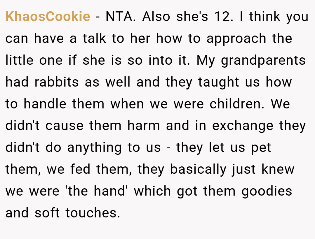 KhaosCookie − NTA. Also she's 12. I think you can have a talk to her how to approach the little one if she is so into it. My grandparents had rabbits as well and they taught us how to handle them when we were children. We didn't cause them harm and in exchange they didn't do anything to us - they let us pet them, we fed them, they basically just knew we were 'the hand' which got them goodies and soft touches.