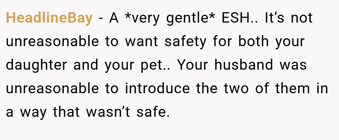 HeadlineBay − A *very gentle* ESH.. It’s not unreasonable to want safety for both your daughter and your pet.. Your husband was unreasonable to introduce the two of them in a way that wasn’t safe.