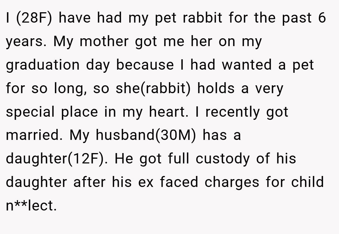 I (28F) have had my pet rabbit for the past 6 years. My mother got me her on my graduation day because I had wanted a pet for so long, so she(rabbit) holds a very special place in my heart. I recently got married. My husband(30M) has a daughter(12F). He got full custody of his daughter after his ex faced charges for child n**lect.