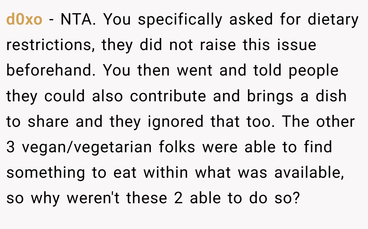 d0xo − NTA. You specifically asked for dietary restrictions, they did not raise this issue beforehand. You then went and told people they could also contribute and brings a dish to share and they ignored that too. The other 3 vegan/vegetarian folks were able to find something to eat within what was available, so why weren't these 2 able to do so?
