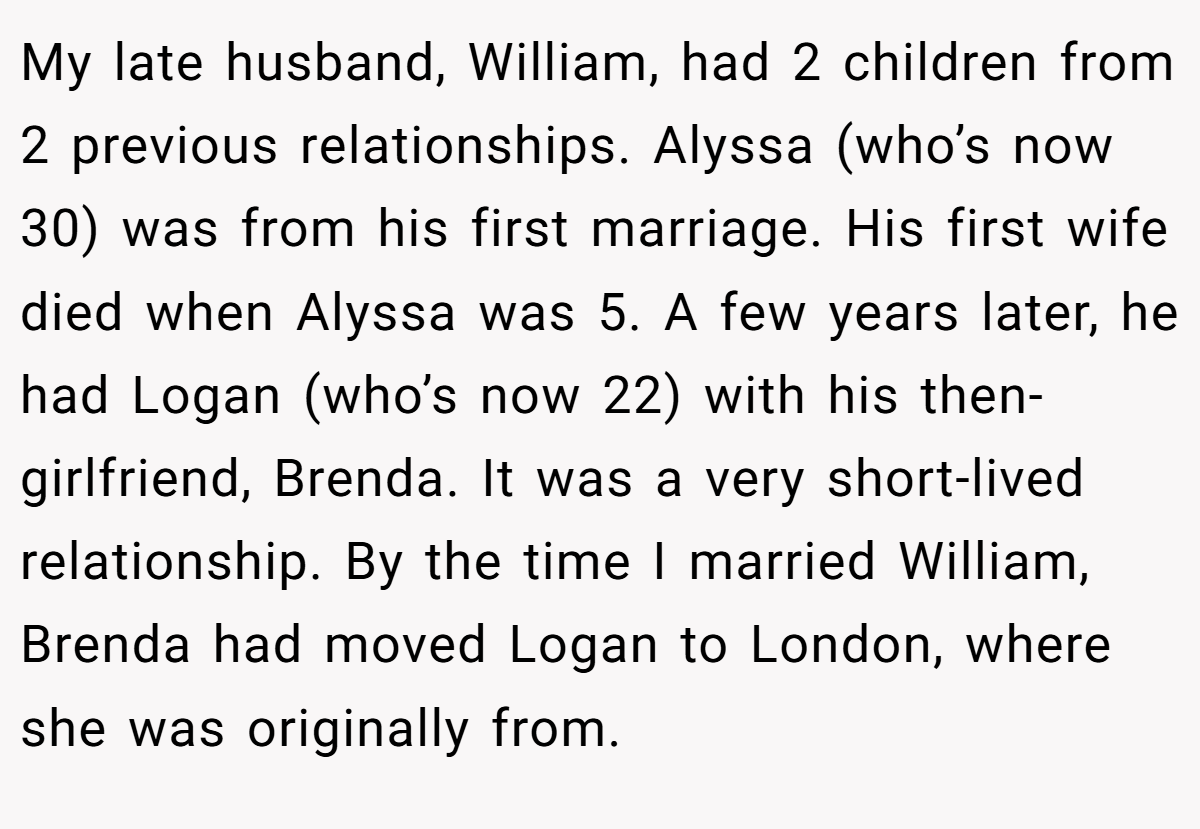 My late husband, William, had 2 children from 2 previous relationships. Alyssa (who’s now 30) was from his first marriage. His first wife died when Alyssa was 5. A few years later, he had Logan (who’s now 22) with his then-girlfriend, Brenda. It was a very short-lived relationship. By the time I married William, Brenda had moved Logan to London, where she was originally from.
