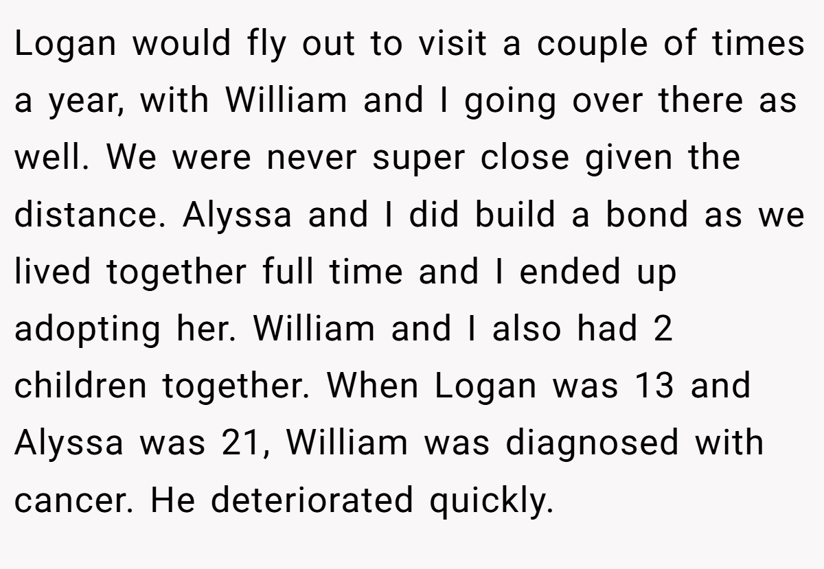 Logan would fly out to visit a couple of times a year, with William and I going over there as well. We were never super close given the distance. Alyssa and I did build a bond as we lived together full time and I ended up adopting her. William and I also had 2 children together. When Logan was 13 and Alyssa was 21, William was diagnosed with cancer. He deteriorated quickly.