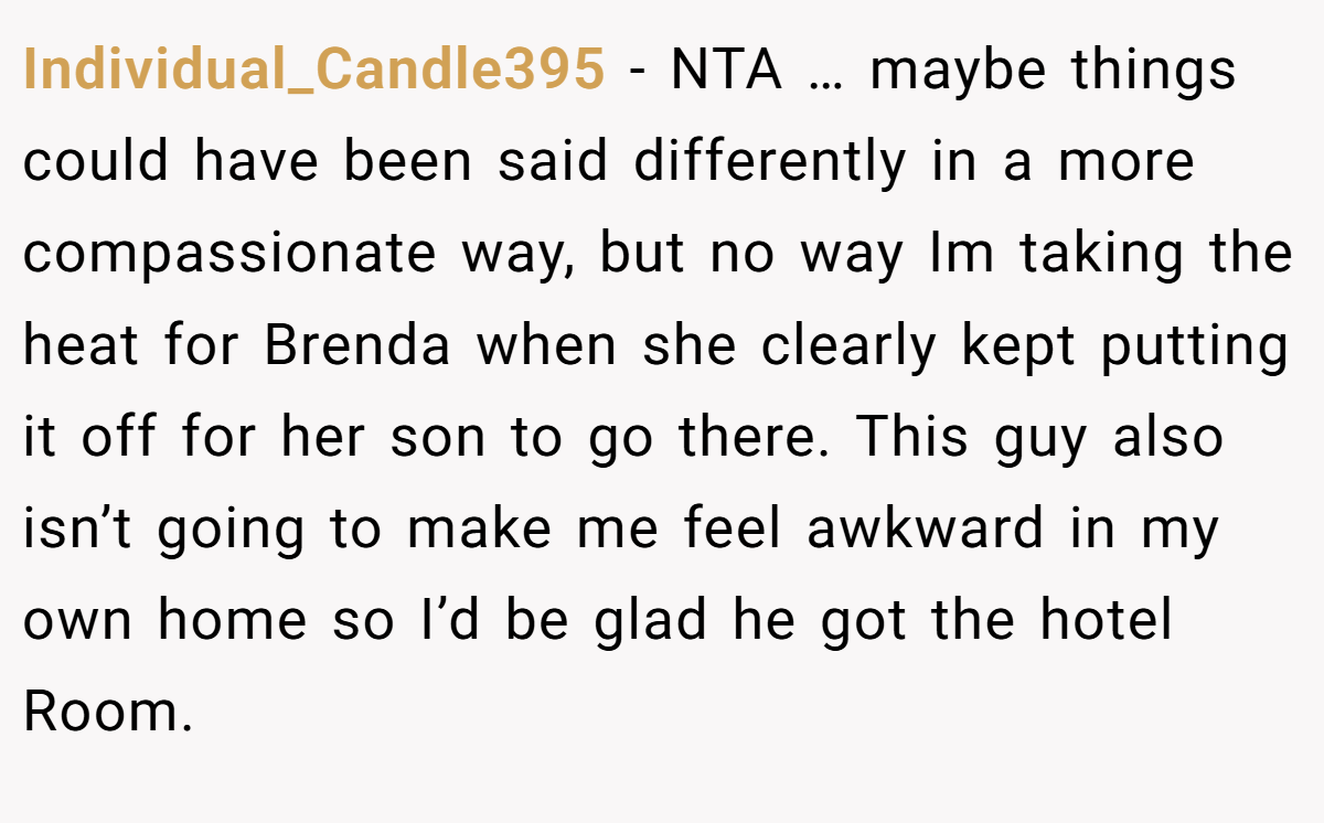 Individual_Candle395 - NTA … maybe things could have been said differently in a more compassionate way, but no way Im taking the heat for Brenda when she clearly kept putting it off for her son to go there. This guy also isn’t going to make me feel awkward in my own home so I’d be glad he got the hotel Room.