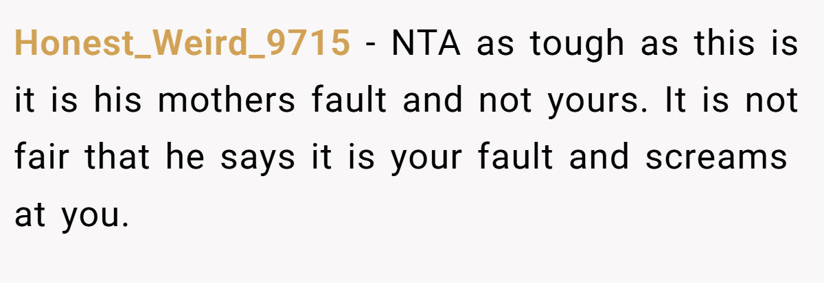 Honest_Weird_9715 - NTA as tough as this is it is his mothers fault and not yours. It is not fair that he says it is your fault and screams at you.