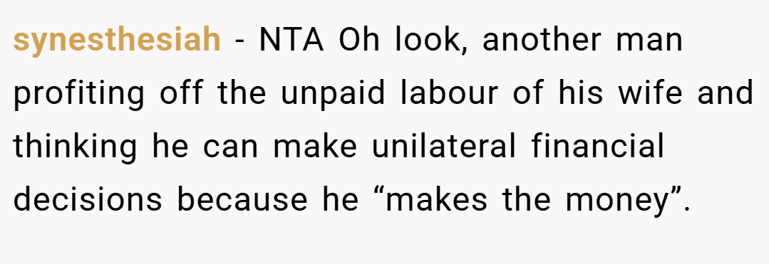 synesthesiah − NTA Oh look, another man profiting off the unpaid labour of his wife and thinking he can make unilateral financial decisions because he “makes the money”.