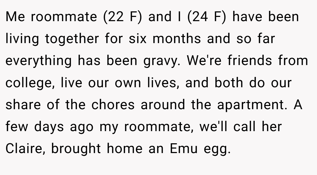 Me roommate (22 F) and I (24 F) have been living together for six months and so far everything has been gravy. We're friends from college, live our own lives, and both do our share of the chores around the apartment. A few days ago my roommate, we'll call her Claire, brought home an Emu egg.