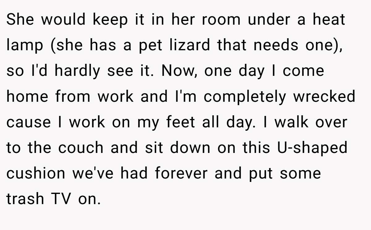 She would keep it in her room under a heat lamp (she has a pet lizard that needs one), so I'd hardly see it. Now, one day I come home from work and I'm completely wrecked cause I work on my feet all day. I walk over to the couch and sit down on this U-shaped cushion we've had forever and put some trash TV on.