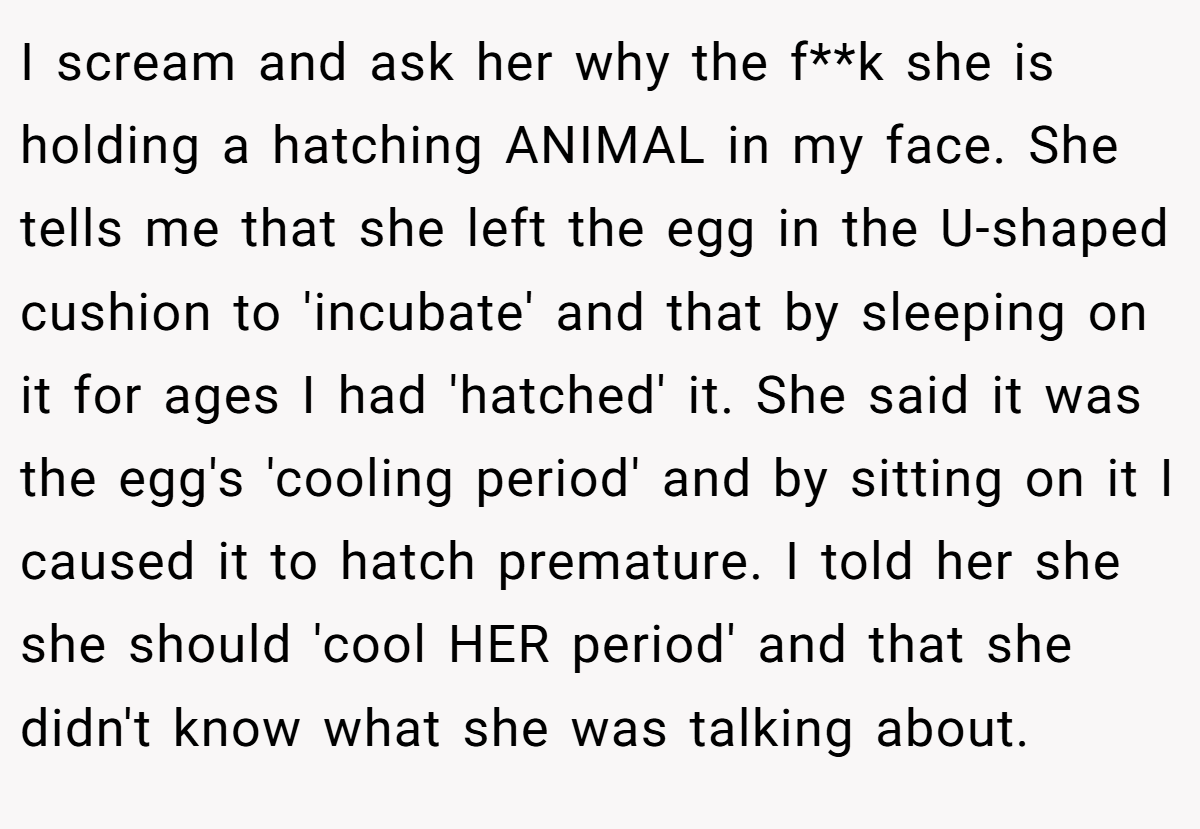 I scream and ask her why the f**k she is holding a hatching ANIMAL in my face. She tells me that she left the egg in the U-shaped cushion to 'incubate' and that by sleeping on it for ages I had 'hatched' it. She said it was the egg's 'cooling period' and by sitting on it I caused it to hatch premature. I told her she she should 'cool HER period' and that she didn't know what she was talking about.