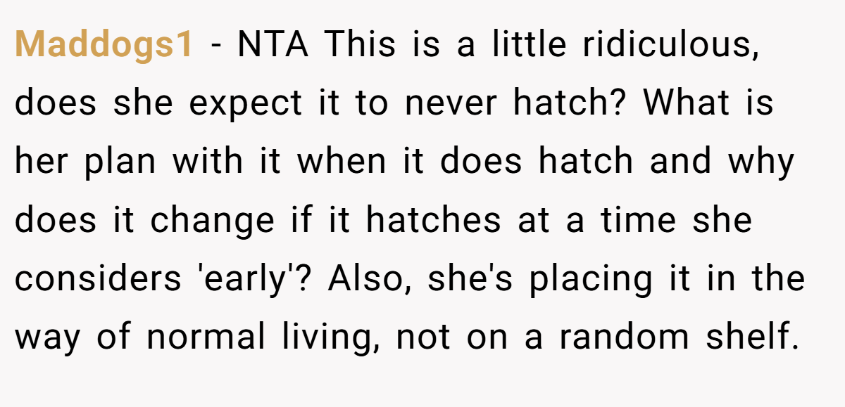 Maddogs1 - NTA This is a little ridiculous, does she expect it to never hatch? What is her plan with it when it does hatch and why does it change if it hatches at a time she considers 'early'? Also, she's placing it in the way of normal living, not on a random shelf.