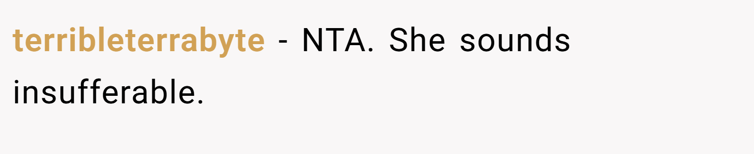 terribleterrabyte − NTA. She sounds insufferable.