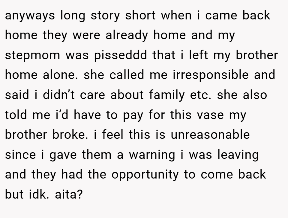 anyways long story short when i came back home they were already home and my stepmom was pisseddd that i left my brother home alone. she called me irresponsible and said i didn’t care about family etc. she also told me i’d have to pay for this vase my brother broke. i feel this is unreasonable since i gave them a warning i was leaving and they had the opportunity to come back but idk. aita?