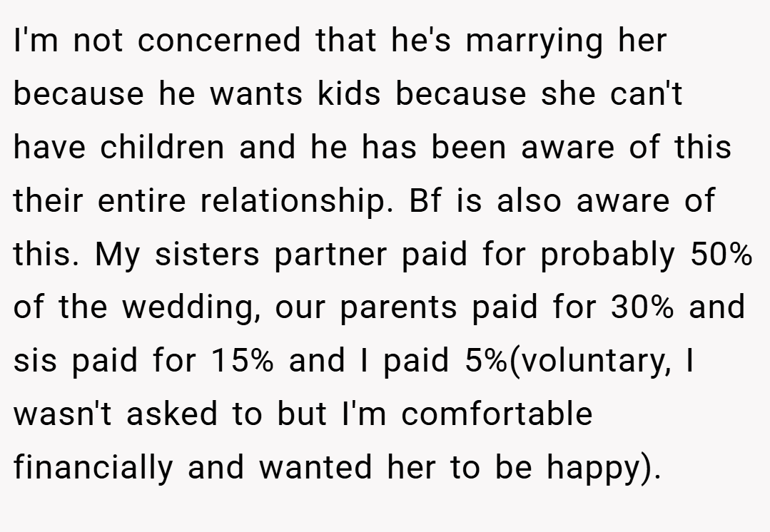 I'm not concerned that he's marrying her because he wants kids because she can't have children and he has been aware of this their entire relationship. Bf is also aware of this. My sisters partner paid for probably 50% of the wedding, our parents paid for 30% and sis paid for 15% and I paid 5%(voluntary, I wasn't asked to but I'm comfortable financially and wanted her to be happy).