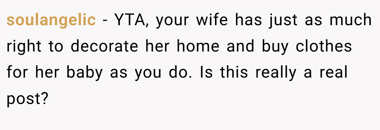soulangelic - YTA, your wife has just as much right to decorate her home and buy clothes for her baby as you do. Is this really a real post?