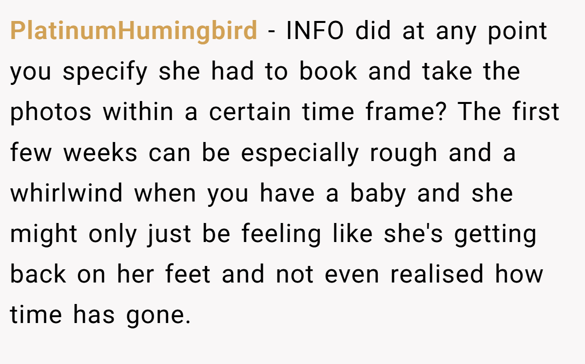 PlatinumHumingbird − INFO did at any point you specify she had to book and take the photos within a certain time frame? The first few weeks can be especially rough and a whirlwind when you have a baby and she might only just be feeling like she's getting back on her feet and not even realised how time has gone.
