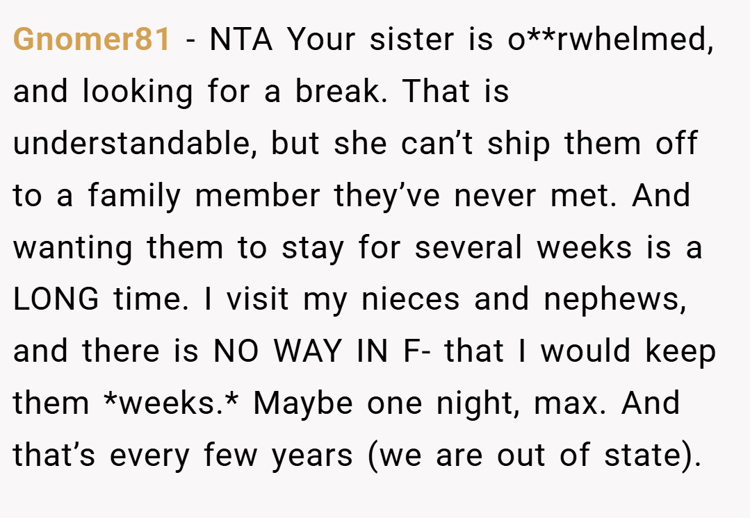 Gnomer81 − NTA Your sister is o**rwhelmed, and looking for a break. That is understandable, but she can’t ship them off to a family member they’ve never met. And wanting them to stay for several weeks is a LONG time. I visit my nieces and nephews, and there is NO WAY IN F- that I would keep them *weeks.* Maybe one night, max. And that’s every few years (we are out of state).