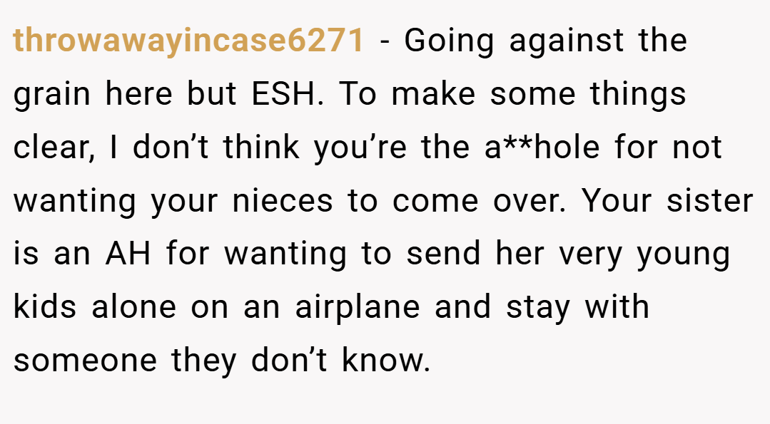 throwawayincase6271 − Going against the grain here but ESH. To make some things clear, I don’t think you’re the a**hole for not wanting your nieces to come over. Your sister is an AH for wanting to send her very young kids alone on an airplane and stay with someone they don’t know.