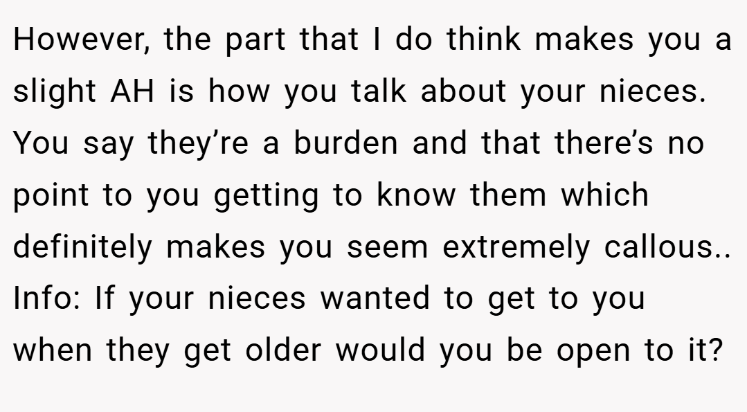 However, the part that I do think makes you a slight AH is how you talk about your nieces. You say they’re a burden and that there’s no point to you getting to know them which definitely makes you seem extremely callous.. Info: If your nieces wanted to get to you when they get older would you be open to it?