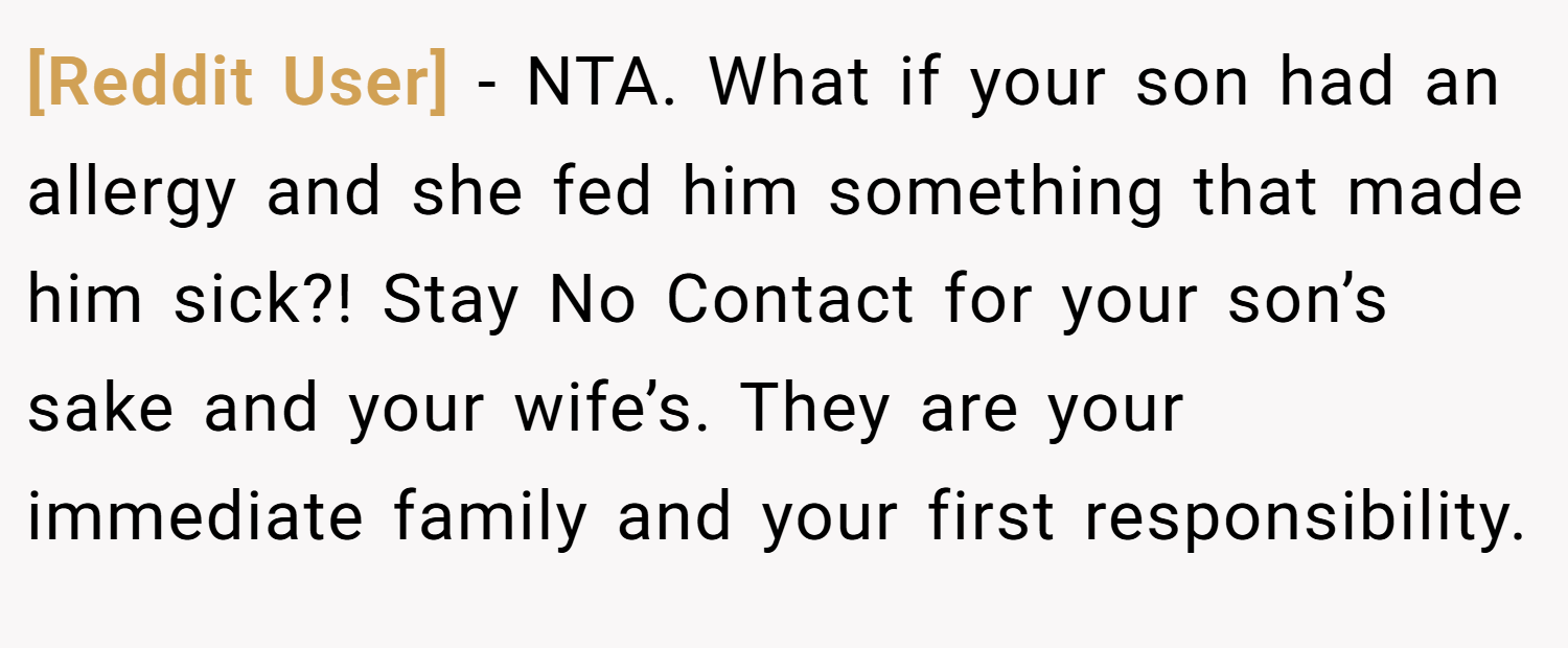 [Reddit User] − NTA. What if your son had an allergy and she fed him something that made him sick?! Stay No Contact for your son’s sake and your wife’s. They are your immediate family and your first responsibility.