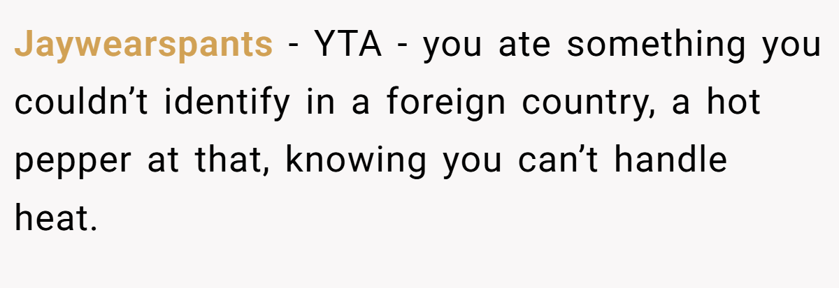 Jaywearspants − YTA - you ate something you couldn’t identify in a foreign country, a hot pepper at that, knowing you can’t handle heat.