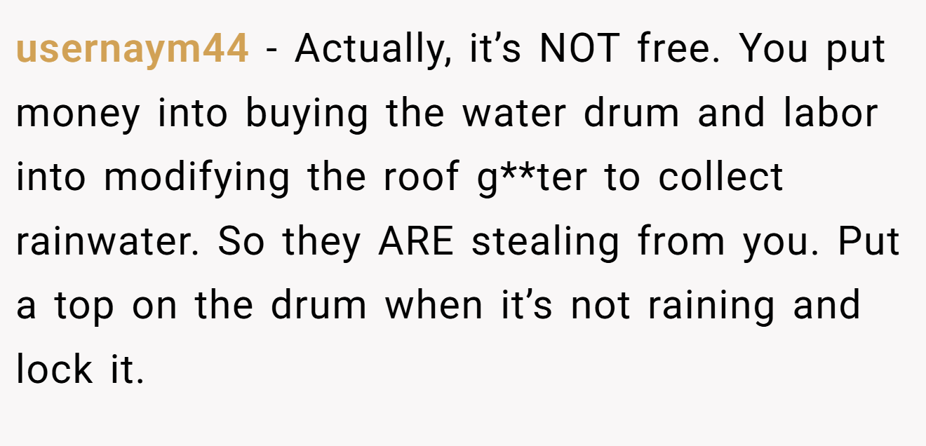 usernaym44 - Actually, it’s NOT free. You put money into buying the water drum and labor into modifying the roof g**ter to collect rainwater. So they ARE stealing from you. Put a top on the drum when it’s not raining and lock it.