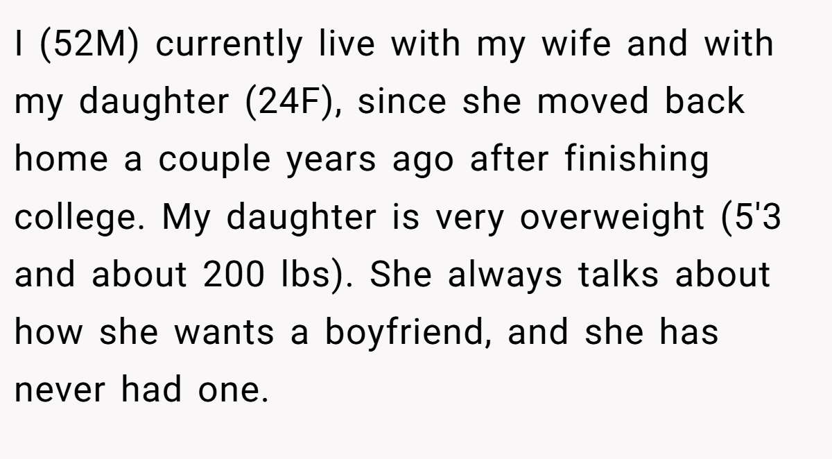 I (52M) currently live with my wife and with my daughter (24F), since she moved back home a couple years ago after finishing college. My daughter is very overweight (5'3 and about 200 lbs). She always talks about how she wants a boyfriend, and she has never had one.