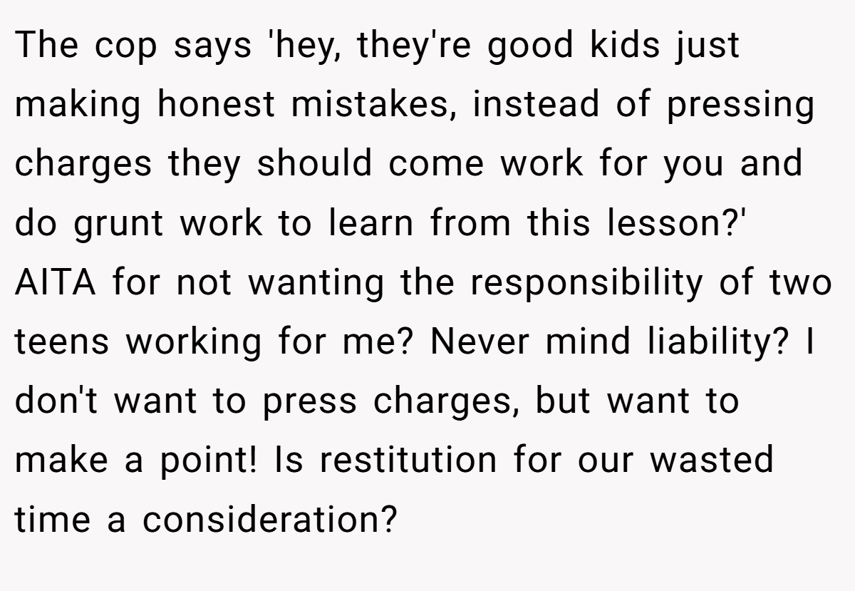 The cop says 'hey, they're good kids just making honest mistakes, instead of pressing charges they should come work for you and do grunt work to learn from this lesson?' AITA for not wanting the responsibility of two teens working for me? Never mind liability? I don't want to press charges, but want to make a point! Is restitution for our wasted time a consideration?