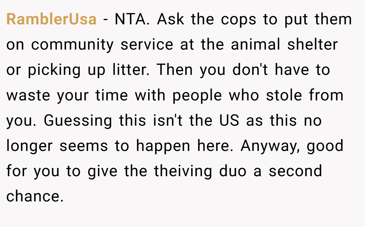 RamblerUsa − NTA. Ask the cops to put them on community service at the animal shelter or picking up litter. Then you don't have to waste your time with people who stole from you. Guessing this isn't the US as this no longer seems to happen here. Anyway, good for you to give the theiving duo a second chance.