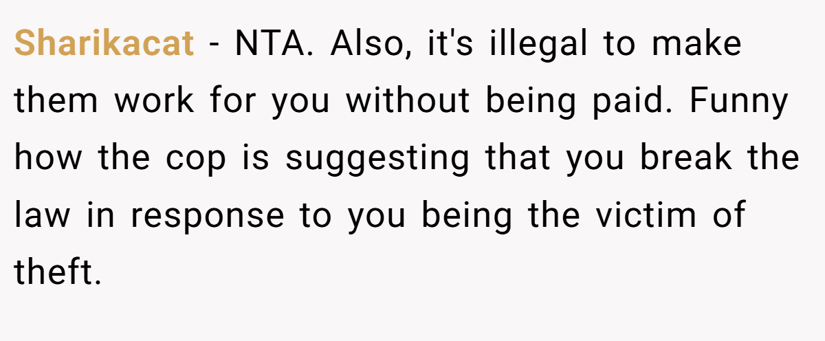Sharikacat − NTA. Also, it's illegal to make them work for you without being paid. Funny how the cop is suggesting that you break the law in response to you being the victim of theft.