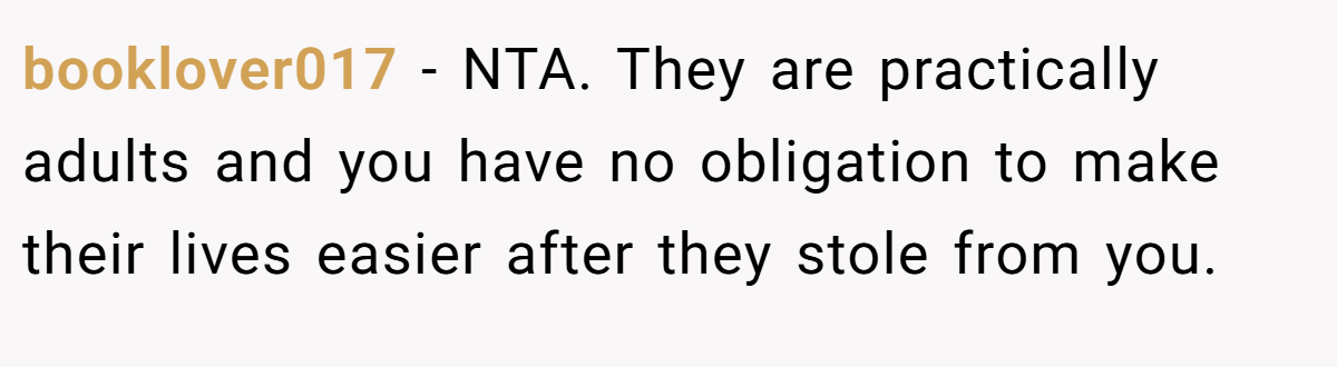 booklover017 − NTA. They are practically adults and you have no obligation to make their lives easier after they stole from you.