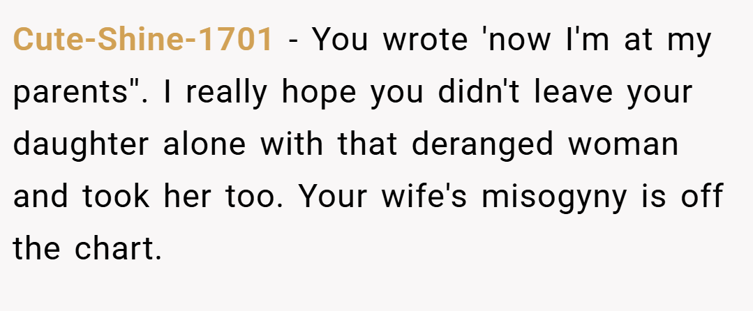 Cute-Shine-1701 − You wrote 'now I'm at my parents''. I really hope you didn't leave your daughter alone with that deranged woman and took her too. Your wife's misogyny is off the chart.