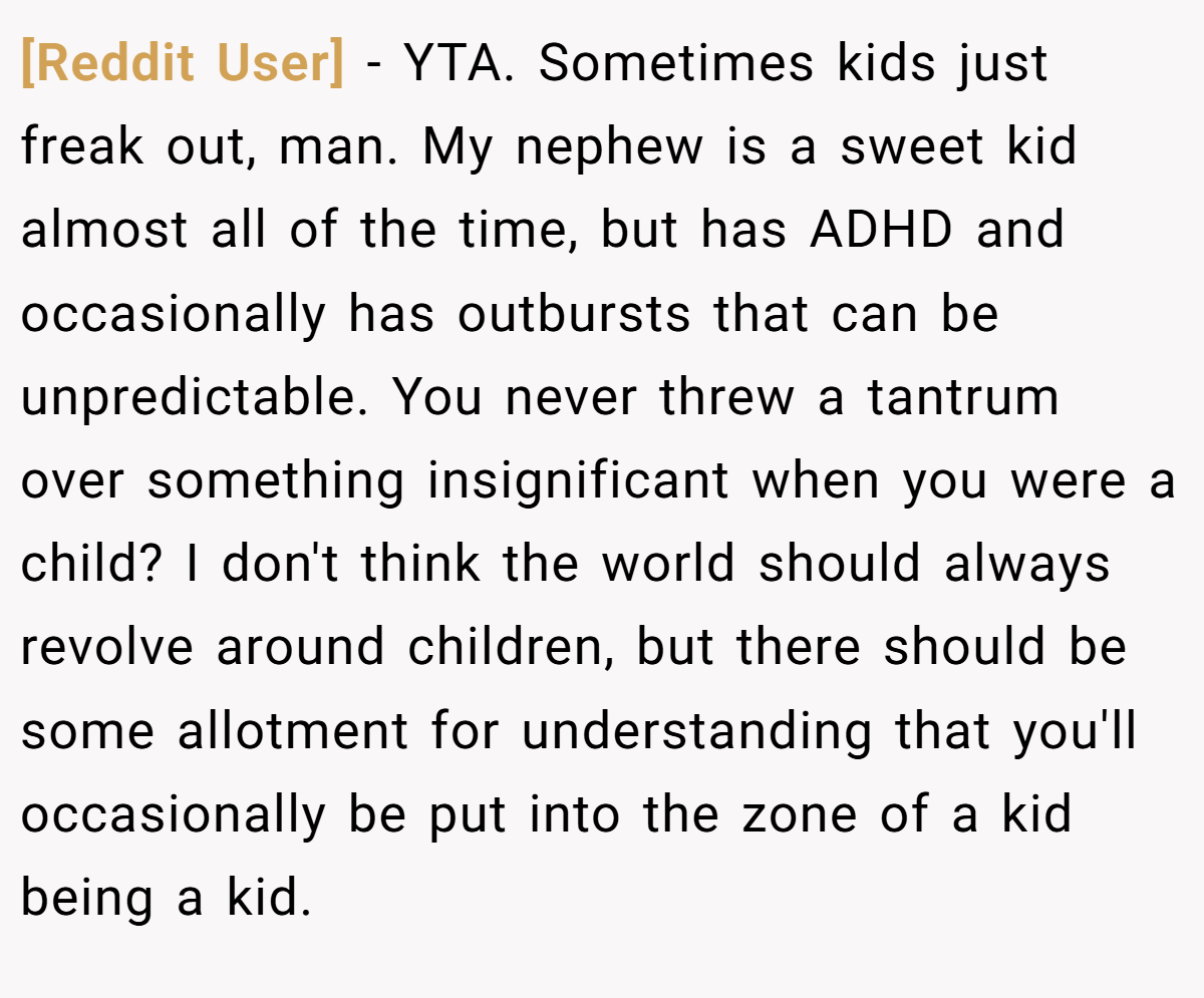 [Reddit User] - YTA. Sometimes kids just freak out, man. My nephew is a sweet kid almost all of the time, but has ADHD and occasionally has outbursts that can be unpredictable. You never threw a tantrum over something insignificant when you were a child? I don't think the world should always revolve around children, but there should be some allotment for understanding that you'll occasionally be put into the zone of a kid being a kid.