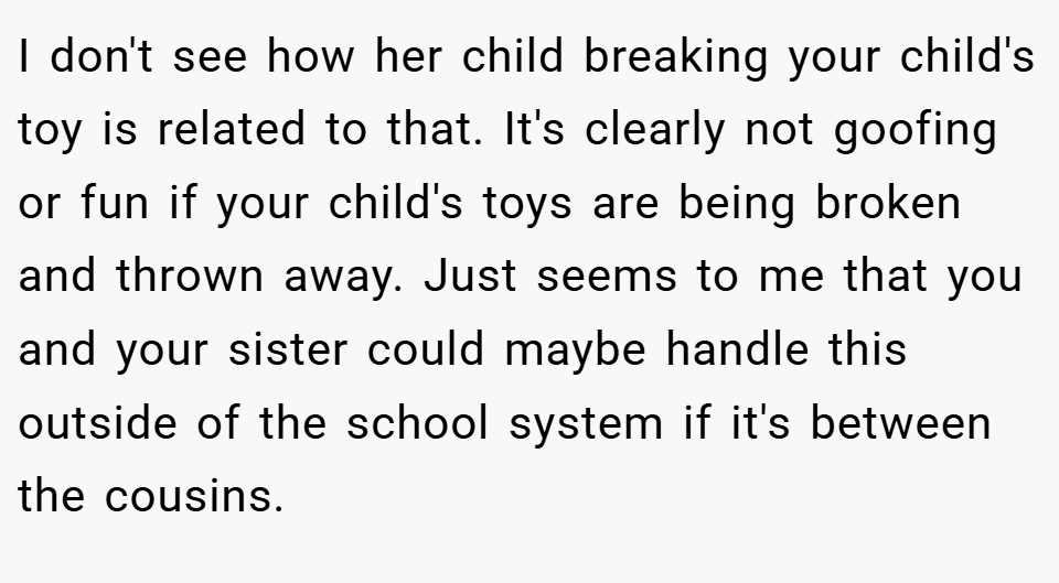 I don't see how her child breaking your child's toy is related to that. It's clearly not goofing or fun if your child's toys are being broken and thrown away. Just seems to me that you and your sister could maybe handle this outside of the school system if it's between the cousins.