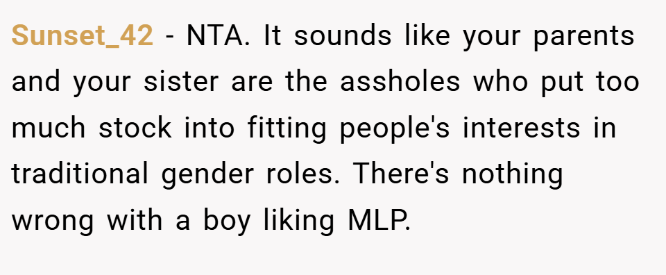 Sunset_42 − NTA. It sounds like your parents and your sister are the assholes who put too much stock into fitting people's interests in traditional gender roles. There's nothing wrong with a boy liking MLP.