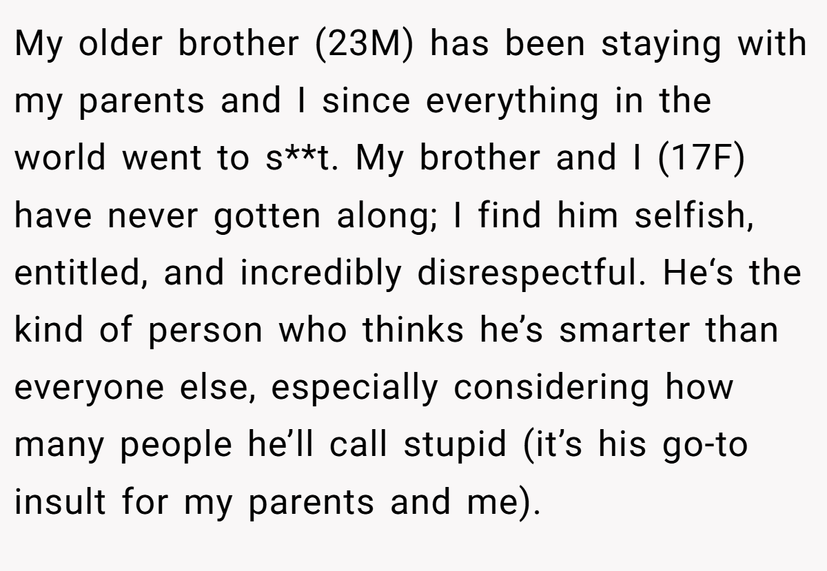 My older brother (23M) has been staying with my parents and I since everything in the world went to s**t. My brother and I (17F) have never gotten along; I find him selfish, entitled, and incredibly disrespectful. He‘s the kind of person who thinks he’s smarter than everyone else, especially considering how many people he’ll call stupid (it’s his go-to insult for my parents and me).