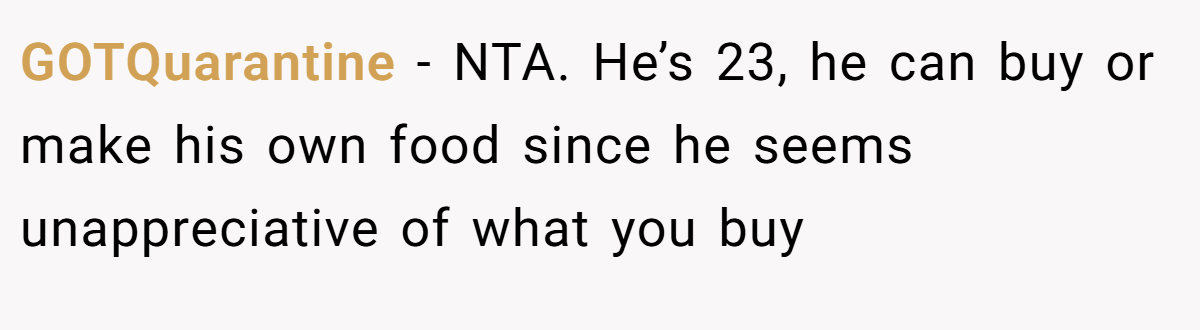 GOTQuarantine − NTA. He’s 23, he can buy or make his own food since he seems unappreciative of what you buy