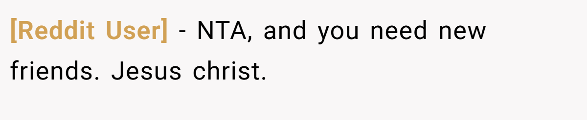[Reddit User] - NTA, and you need new friends. Jesus christ.