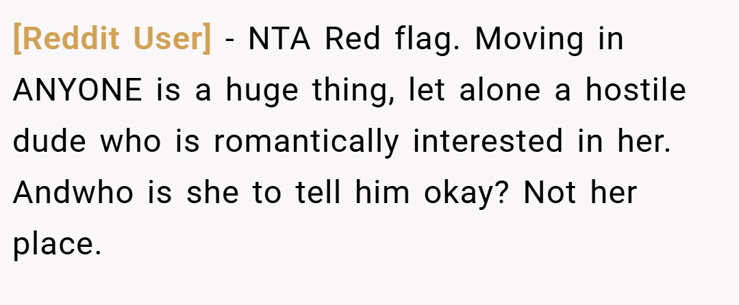 [Reddit User] − NTA Red flag. Moving in ANYONE is a huge thing, let alone a hostile dude who is romantically interested in her. Andwho is she to tell him okay? Not her place.