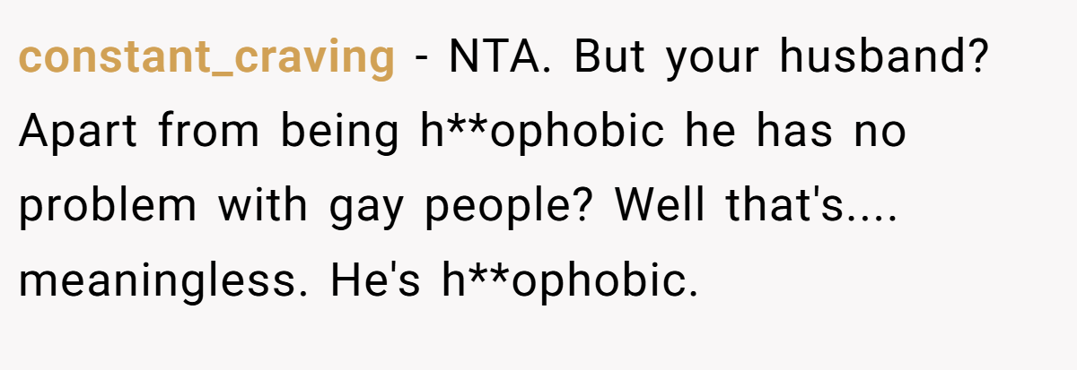 constant_craving - NTA. But your husband? Apart from being h**ophobic he has no problem with gay people? Well that's.... meaningless. He's h**ophobic.