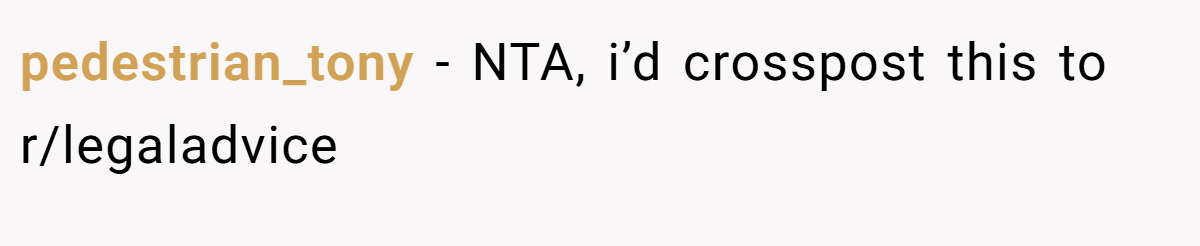 pedestrian_tony − NTA, i’d crosspost this to r/legaladvice