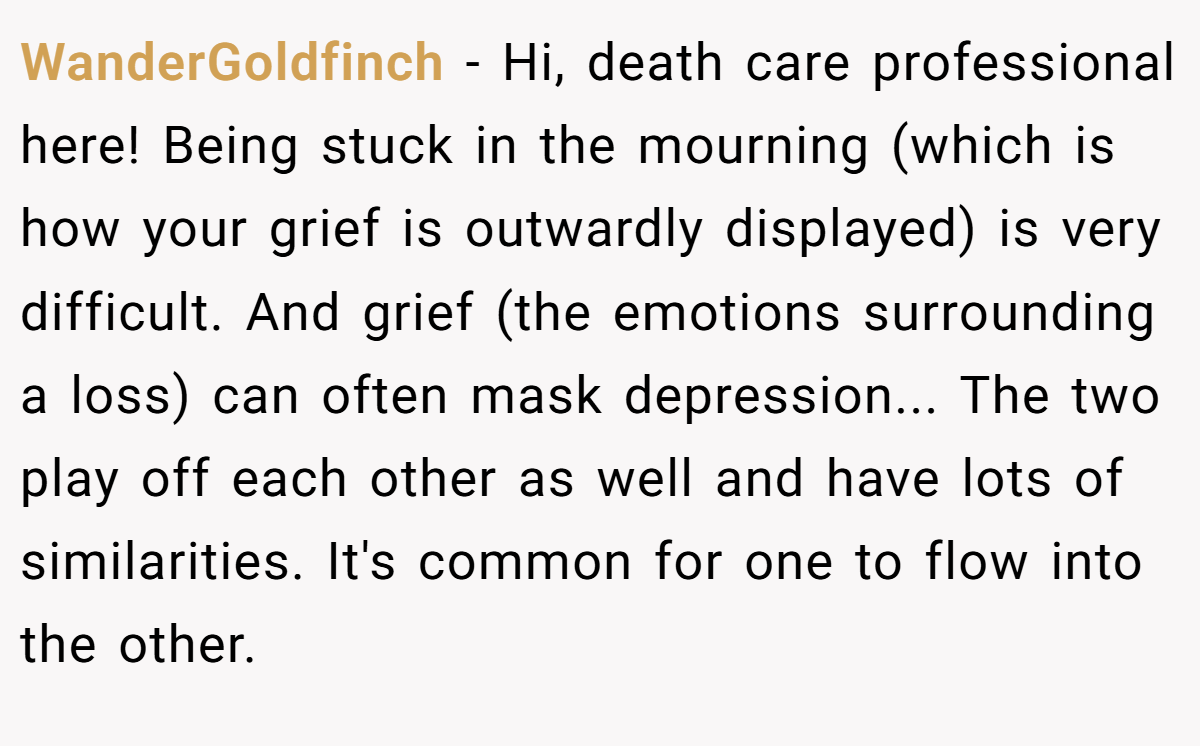 WanderGoldfinch − Hi, death care professional here! Being stuck in the mourning (which is how your grief is outwardly displayed) is very difficult. And grief (the emotions surrounding a loss) can often mask depression... The two play off each other as well and have lots of similarities. It's common for one to flow into the other.