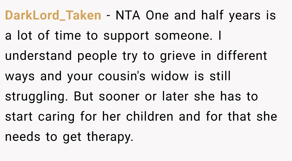 DarkLord_Taken − NTA One and half years is a lot of time to support someone. I understand people try to grieve in different ways and your cousin's widow is still struggling. But sooner or later she has to start caring for her children and for that she needs to get therapy.