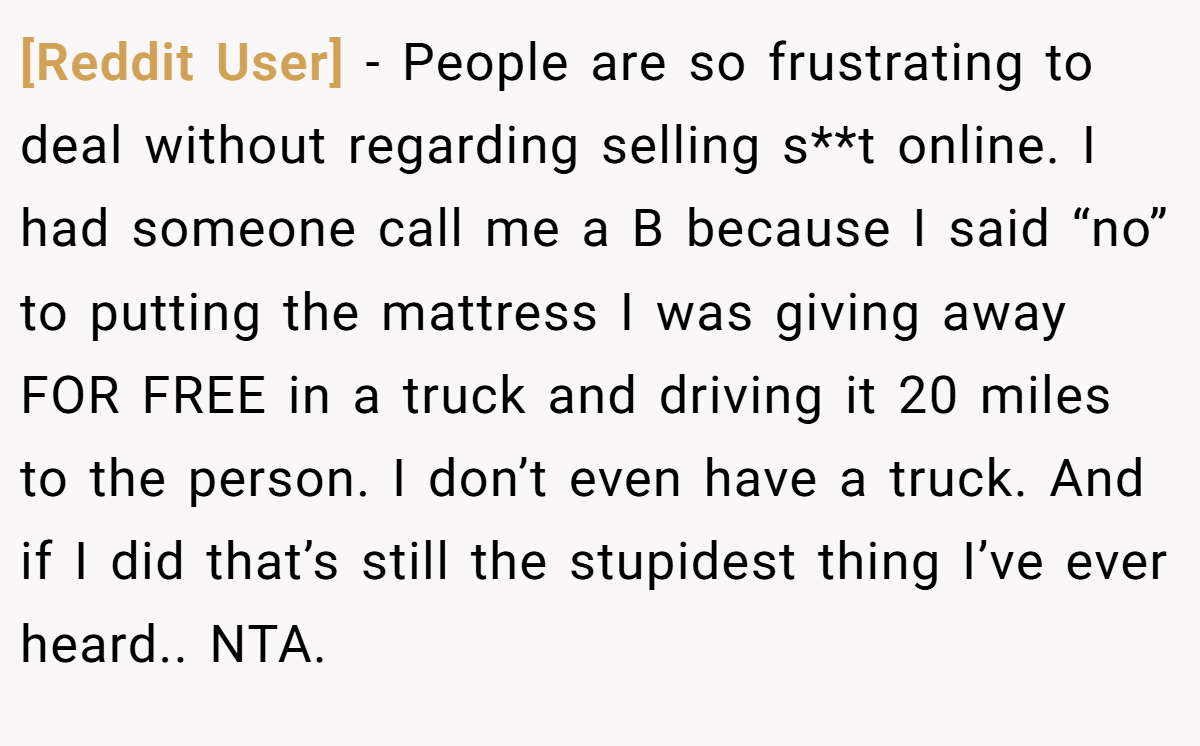 [Reddit User] − People are so frustrating to deal without regarding selling s**t online. I had someone call me a B because I said “no” to putting the mattress I was giving away FOR FREE in a truck and driving it 20 miles to the person. I don’t even have a truck. And if I did that’s still the stupidest thing I’ve ever heard.. NTA.