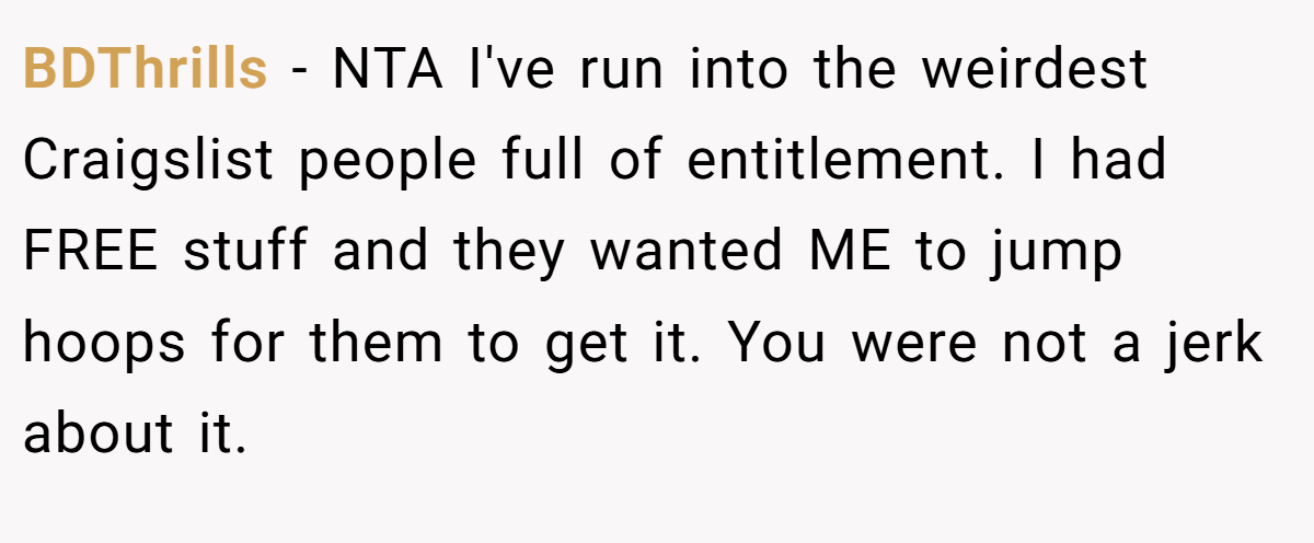BDThrills − NTA I've run into the weirdest Craigslist people full of entitlement. I had FREE stuff and they wanted ME to jump hoops for them to get it. You were not a jerk about it.